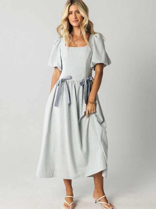 bohme Dresses & Skirts - bohme Light Blue Gingham Midi Dress with Puff Sleeves